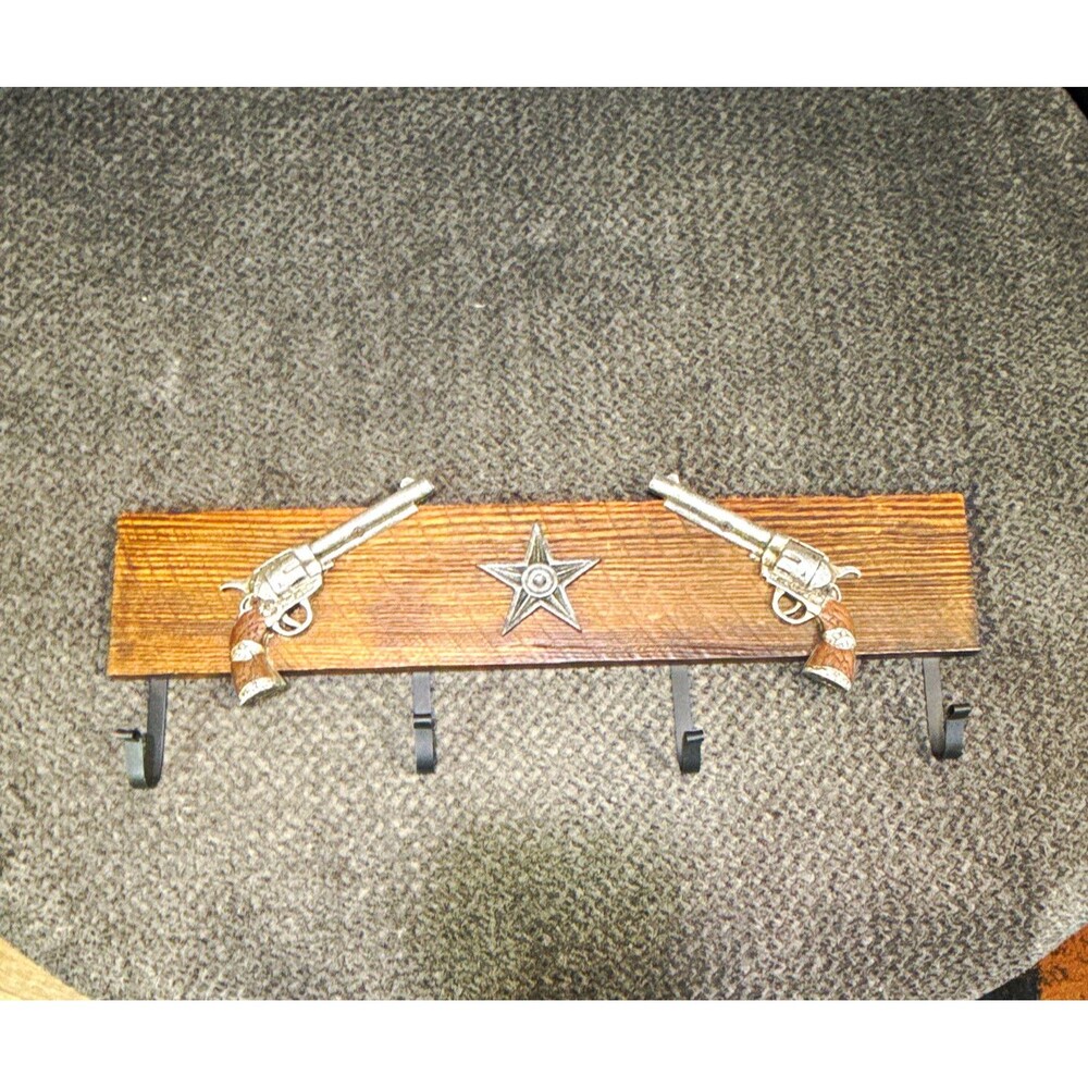 Western Faux Wood & Metal Wall Mounted Hook Rack, 4 Hooks, 29in x 7in